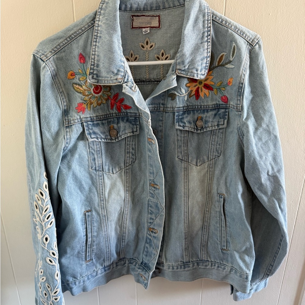 Johnny Was Light Wash Denim Jacket with Floral Embroidery